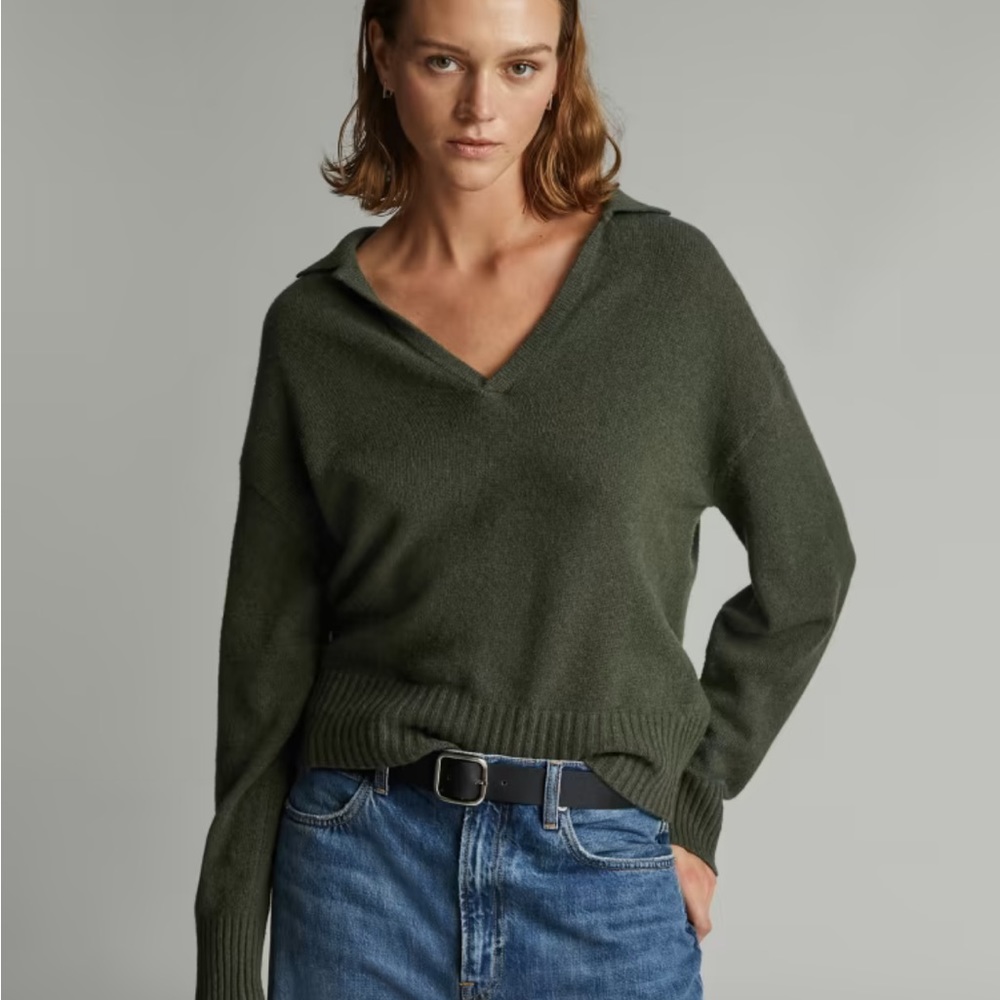 Everlane Cashmere Sweater Polo Top Vneck Collar Green XS - Picture 3 of 7